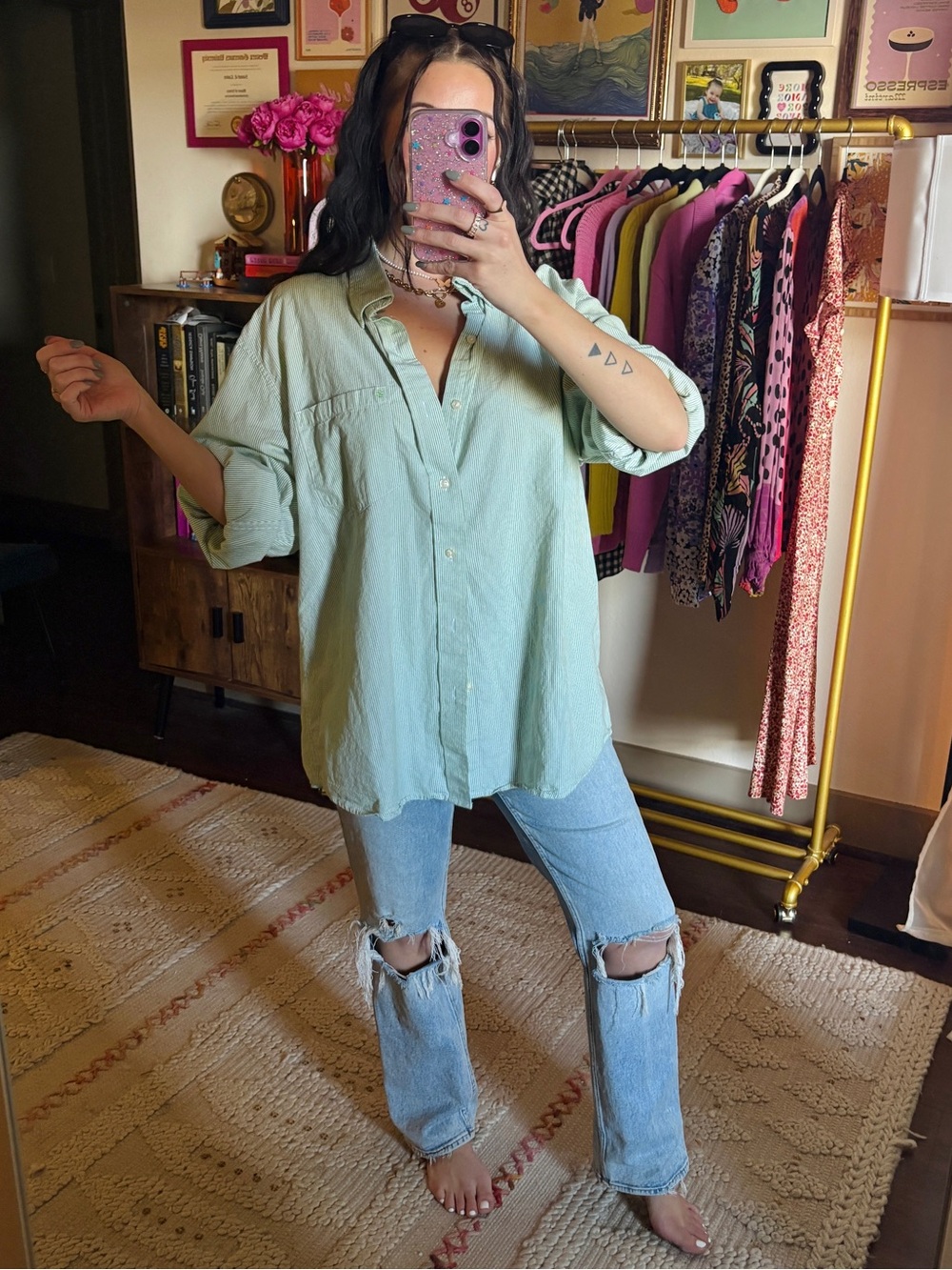 Vintage Izod Green Striped Oversized Button down Shirt